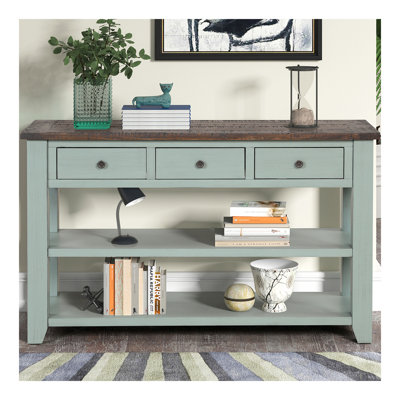 Console en bois de pin massif 48 po, table d'appoint moderne avec 3 tiroirs de rangement et 2 tablettes. Facile à assembler (bleu rétro + plateau brun)