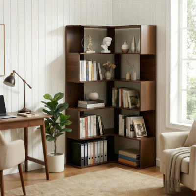 6 Tier Corner Bookshelf, 66 Inch Tall L Shaped Wooden Display Shelf For Maximized Space And Aesthetic Appeal In Living Rooms, Bedrooms, And Home Offices