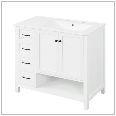 Meuble-lavabo 36 po avec comptoir d'évier, meuble-lavabo avec deux portes et deux tiroirs, bois massif, tablette ouverte, panneaux de fibres à densité moyenne, un paquet