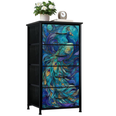 Commode de style vitrail pour la chambre à coucher avec 4 tiroirs de rangement complexes en verre teinté paon bleu sarcelle Plumes bleues Commode en acier avec cadre en placard pour vestibule