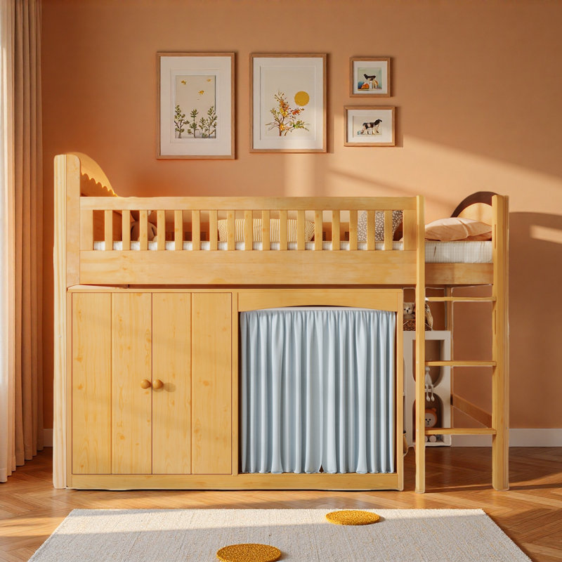 Lit mezzanine avec armoire de rangement, armoire avec rideau en tissu, design à DEL et escalier, Bois