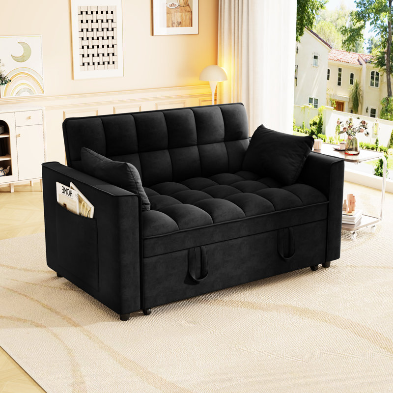 Canapé-lit moderne à 2 places avec lit escamotable, matériau en velours, 3 angles inclinables, poches latérales pour le rangement, velours de couleur noire pour petit espace, poches,