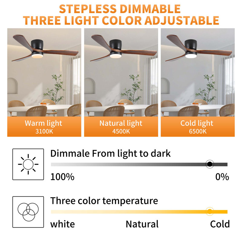 52" Smart Flush Mount Ceiling Fans with Lights Remote,Quiet DC Motor,Outdoor Indoor Low Profile Ceiling Fan,Control with WIFI Alexa App,Dimmable,ABS blades,for Modern Bedroom Patio
