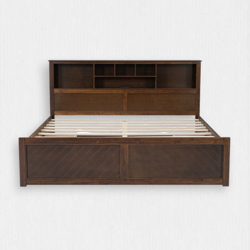 Lit plateforme avec 2 tiroirs de rangement, Bois antique