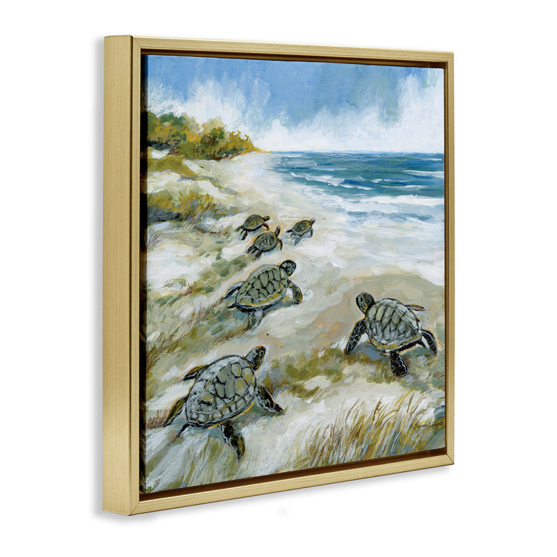 Bébé tortues de mer sur un cadre flottant, par Susan Winget, H 18 po x l 18 po, Cadre flottant métallique doré