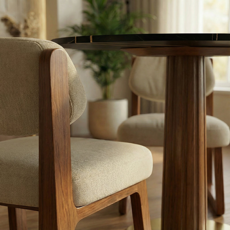 33.5‘’Modern Round Dining Table Set with Stone Top, Solid Wood Pedestal and Adjustable Upholstered Chairs set, 3-Piece Dining Set for Kitchen or Dining Area