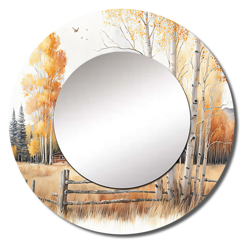 Sorce Path To The Barn V - Barn Landscape Wall Mirror, Brown Round Decorative Mirror, Printed Metal Art, 23" x 23"