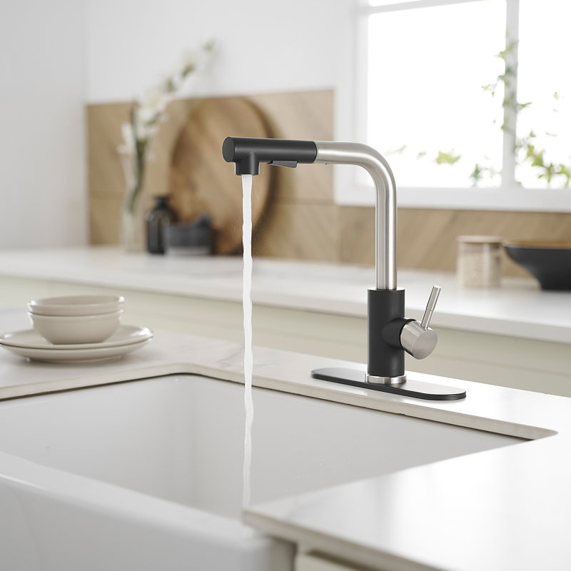 Robinet de cuisine extractible à poignée simple avec plaque de pont et conduites d'alimentation, Noir / nickel