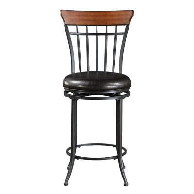 Counter Height Swivel Chair In Black Metal With Luxurious Brown Faux Leather Upholstery For Dining Use 17" Seat Depth And