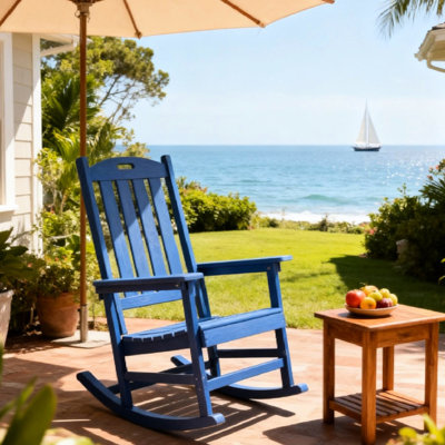 Chaise berçante bleu marine - Stable et confortable, fabriquée en bois et en acier inoxydable en plastique, convient aux balcons de salon extérieurs avec 304 accessoires en acier, lattes verticales de conception classique, spacieuses