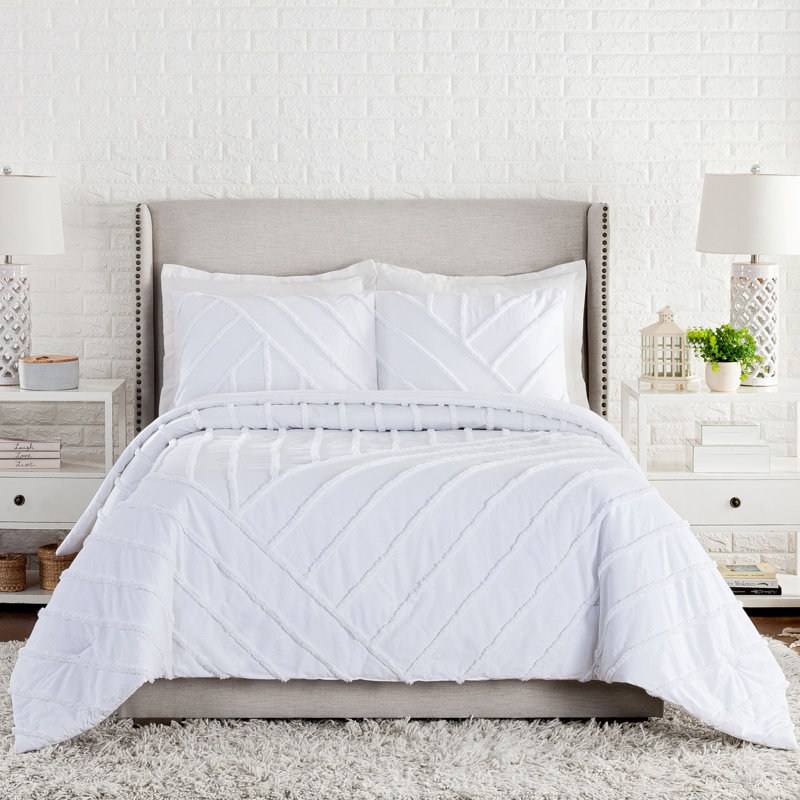  Chenille Chevron White 3-Piece Cotton Comforter Set, Full/Queen Comforter + 2 Standard Shams