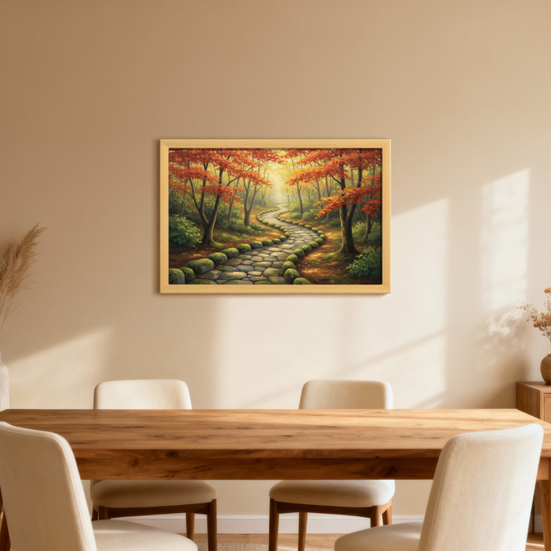Plantes et fleurs, sentier d'automne, allée en pierre, arbres, feuilles, soleil, scène de forêt, H 20 po x l 30 po
