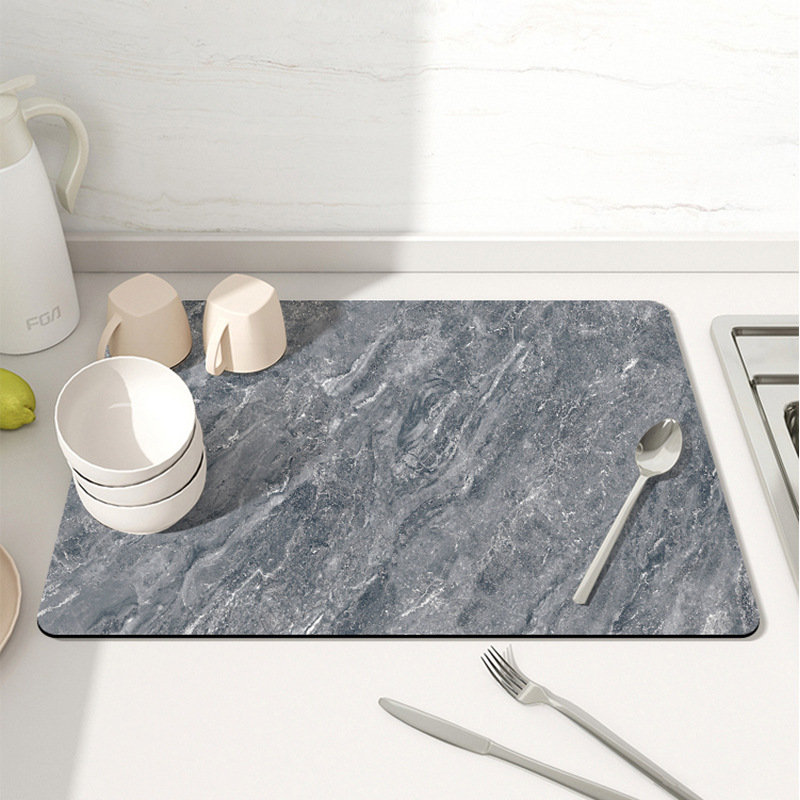Absorbent Dish Drying Mat with Stylish Marbled Design and Non-Slip Rubber Backing, 15.8" H x 11.8" W x 1.12" D, Dark Gray