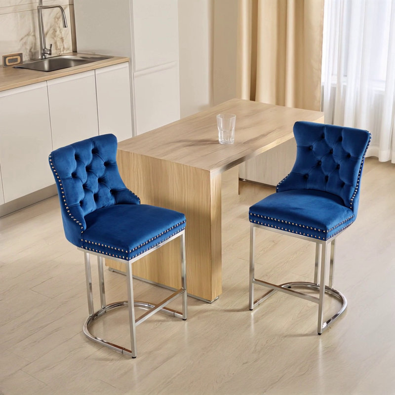 25" Counter Height Bar Stools Set Of 2, Blue Velvet