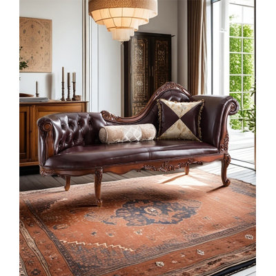 Chaise longue de style campagnard américain en acajou et cuir sculpté pour salon et chambre