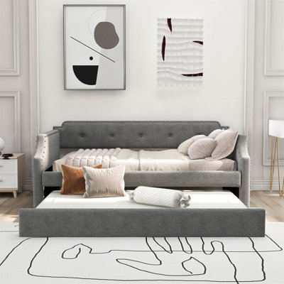 Upholstered Daybed With Trundle And Wood Slat Support, Comfortable Sofa Bed For Twin Mattresses, Perfect For Guest Rooms