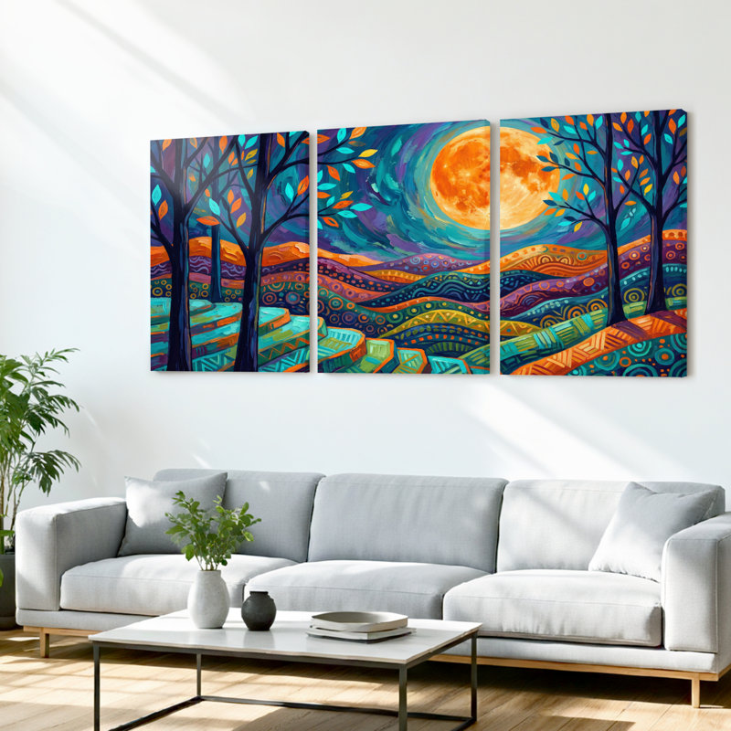 Paysage abstrait avec lune et arbres, reproduction d'art sur toile tendue sur toile, ensemble de 3, 1624