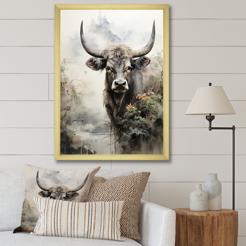 Bedriye, art asiatique, vache Sumi - impression, H 44 po x l 34 po x P 1,5 po, Encadrement doré