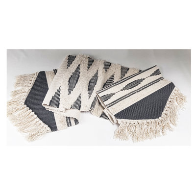 White Geometric Design Canvas Cotton Table Runner With Tassels 14" W X 71" L