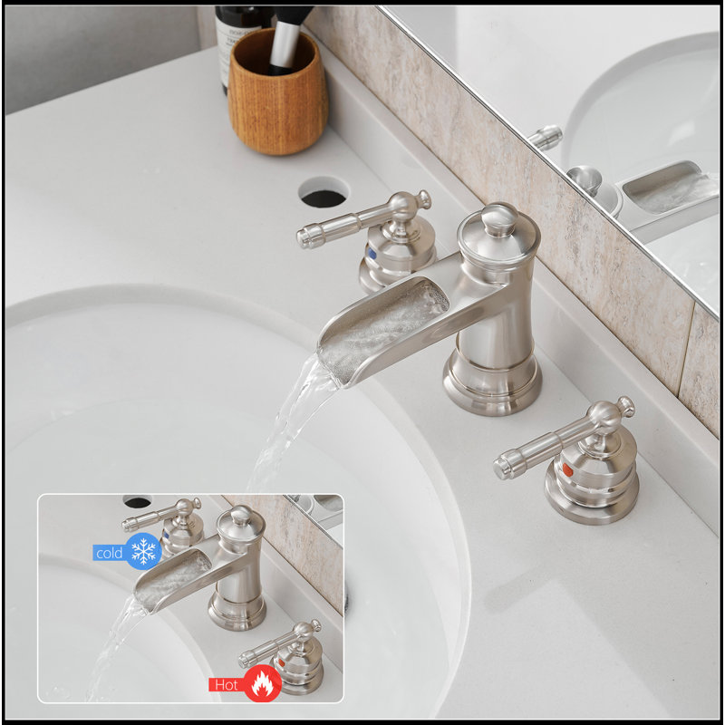 Bathroom Faucets For Sink 3 Hole Brushed Nickel 8 Inch Widespread Bathroom Sink Faucet With Pop Up Drain Double Lever Handle Faucet Bathroom Vanity Faucet Basin Mixer Tap Faucet With Hose