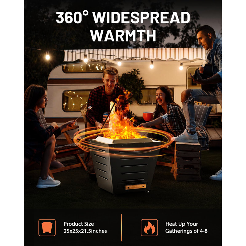 Stainless Steel Fireplace Pit - 25 Inch Smokeless Outdoor Heating With Pull-Out Ash Pan And Handles 25" Fire Portable Double Construction Removal Feature