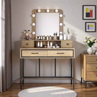 Vanity Desk with Mirror and Lights, Makeup Vanity Desk with 3 Color Dimmable Lighted Hollywood Mirror, Makeup Table with 4 Drawers, Large Dressing Tab