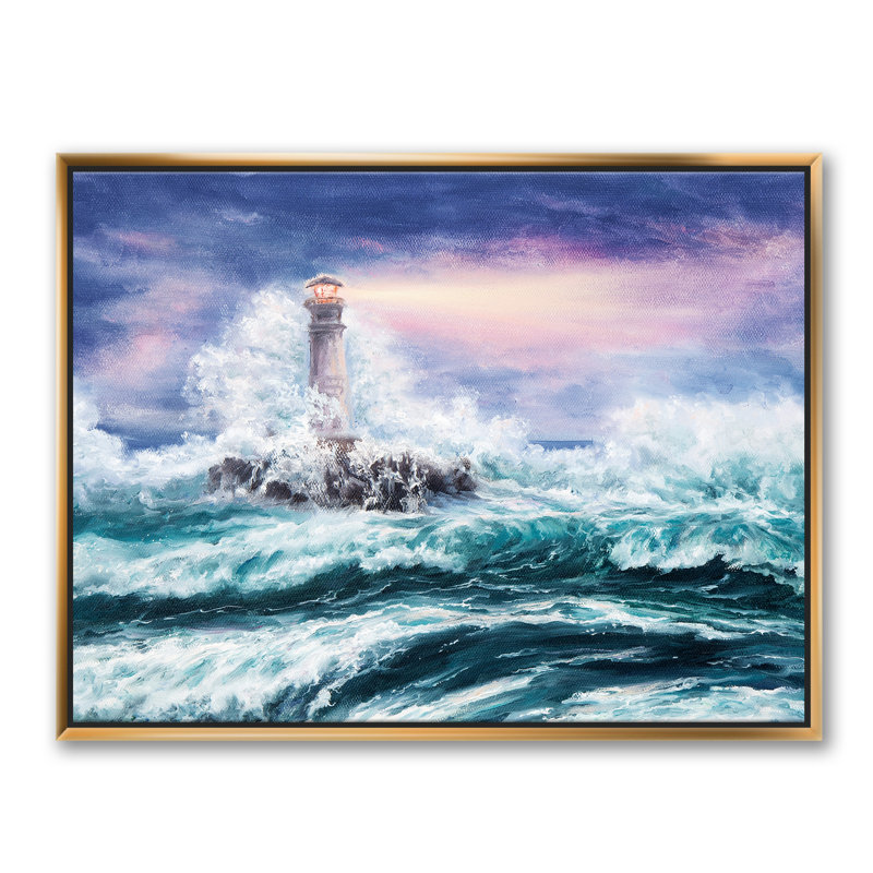 Phare sauvage bleu océan vagues - reproduction d'art sur toile, H 12 po x l 20 po x p 1 po, Toile encadrée d'or