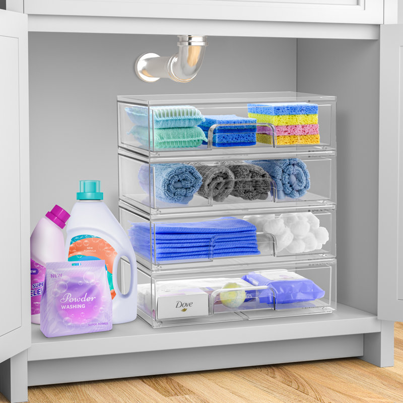 Sorbus Acrylic Storage Containers with Pull-Out Drawers - 4 Pack, 12.1" Wide Clear Stackable Storage Bins Set for Bathroom Organization