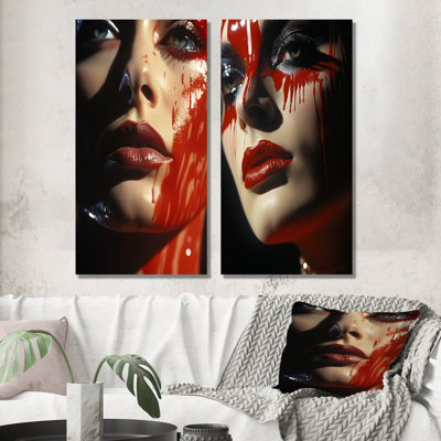 Red Black Fashion Woman Portrait I - Fashion Woman Canvas Wall Art Set Of 2