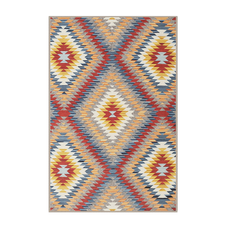 Tapis contemporain rouge / jaune / gris, Rectangle 5 pi x 7 pi