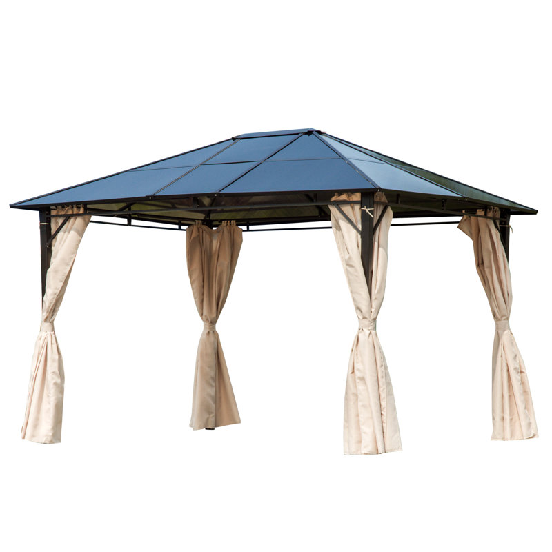 Natural Wood and Steel Hardtop Gazebo with Curtains