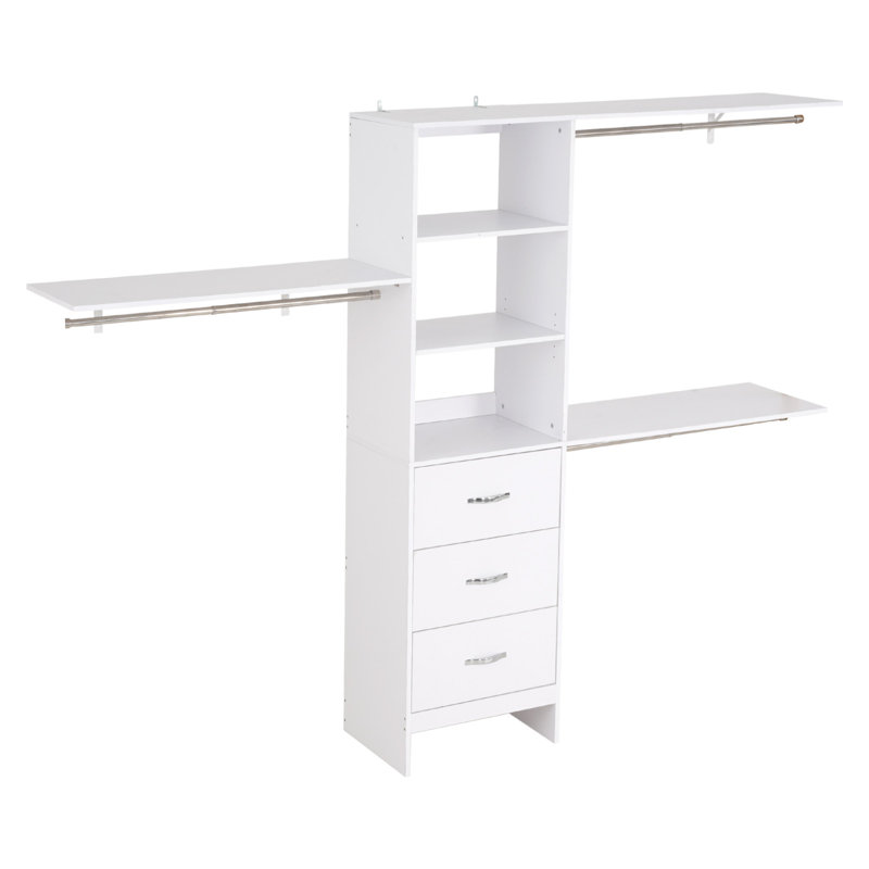 Système de placard avec 3 tiroirs, organisateurs de placard en bois à hauteur ajustable, rangement pour garde-robe moderne avec 3 tringles à vêtements rétractables, porte-vêtements autoportant, blanc
