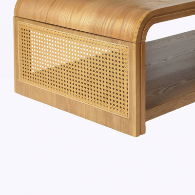 Table basse incurvée rectangulaire avec côtés en rotin, table centrale de rangement en bois à 2 niveaux, table basse Boho Farmhouse, convient pour le salon, l’appartement, la décoration intérieure