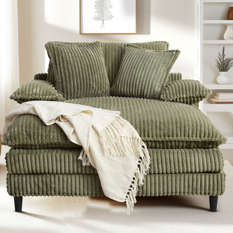 Latitude Run 55" W Oversized Corduroy Chaise Lounge Chair, Upholstered Sleeper Sofa Bed with 3 Pillows,4-Level Adjustable Backrest