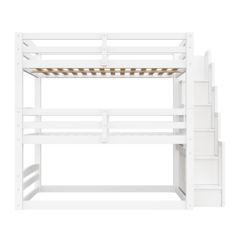 Full Size Triple Bunk Bed with Storage Staircase,Separate Design,White, White