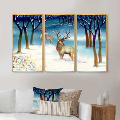 Winter Landscape with Deers - 3 pièces, reproduction sur toile