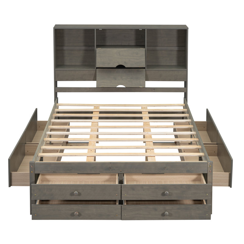 Grand lit plateforme avec tête de lit à rangement et 8 tiroirs, gris, gris, Grand