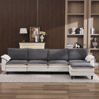Chenille Fabric Reversible Sectional Sofa with Floating Ottoman and Pillow Top Arms