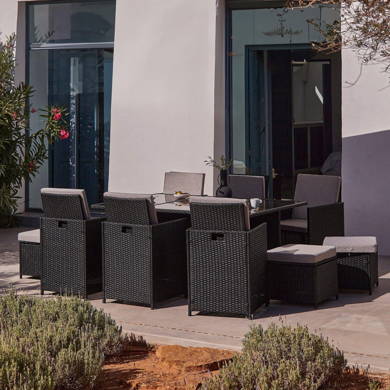 Allexia 10 - Person Wicker Patio Dining Set with Rectangular Table , Cushions Included, Black, Cream
