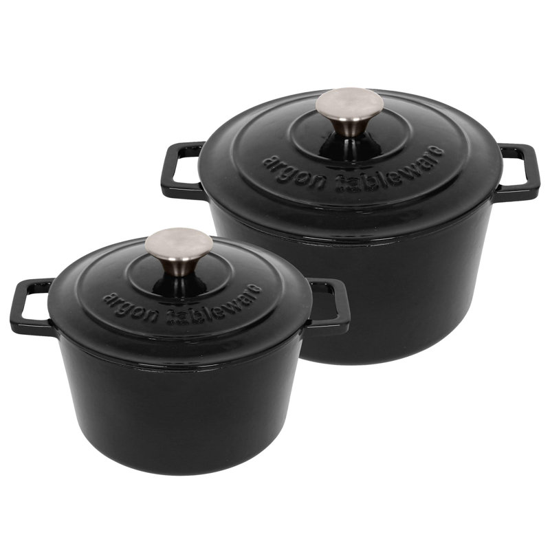 Argon Tableware - 2pc Round Cast Iron Casserole Dish Set - 2.8L / 4.5L, Black