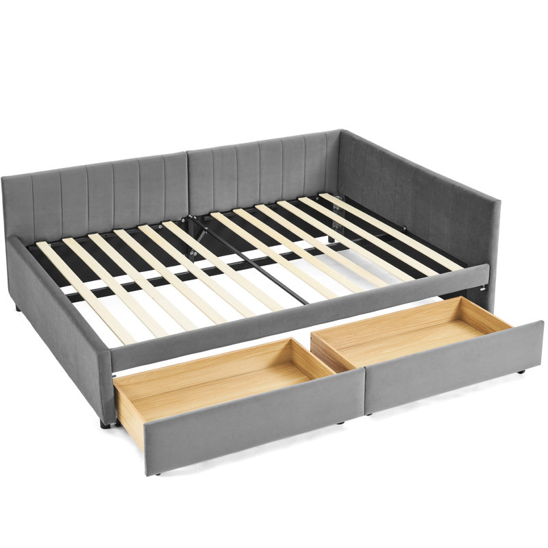 Full Size Upholstered Daybed In Grey Velvet, Two Drawers For Storage Function, Comfortable And , Vertical Stripe Pattern, Easy Assembly Process Purposes, Hassle -