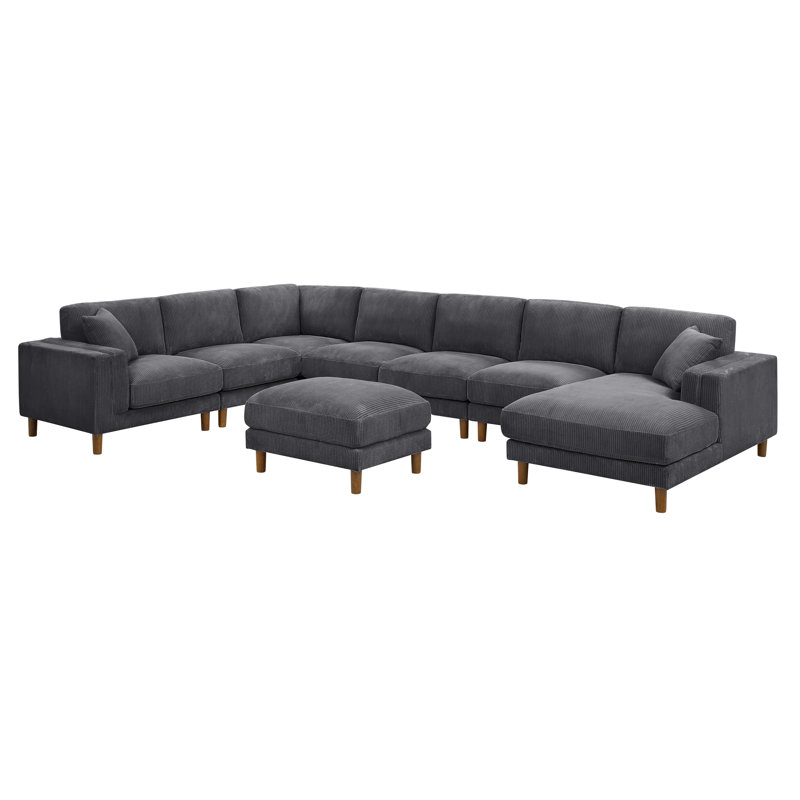 Canapé modulaire de large avec repose-pieds Kandace, Accoudoir à gauche (vu de face), Velours côtelé gris foncé