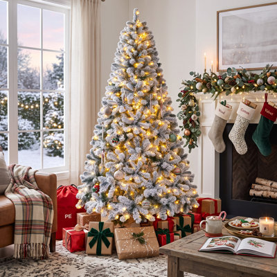 6FT Pre-Lit Flocked Artificial Christmas Tree, 800 Snowy Tips, 250 LED 11 Modes