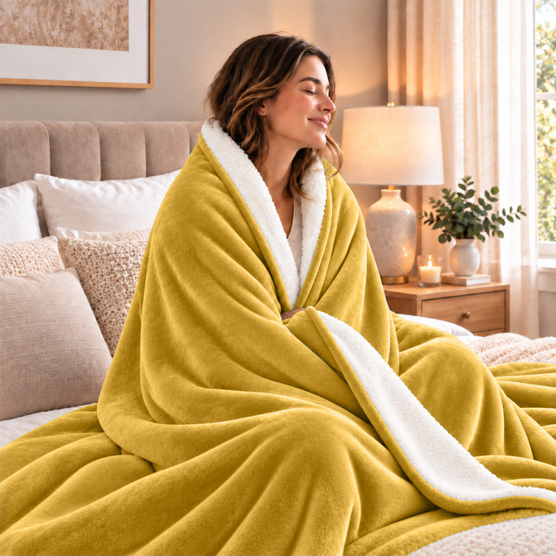 Sherpa Throw Blanket, 200cm W x 240cm L, Ochre