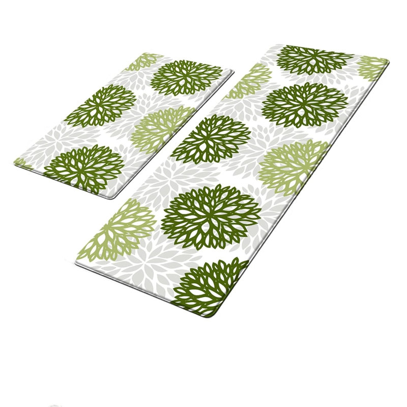 Floral Non-Skid Kitchen Mat, Green/White