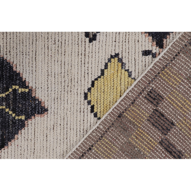 Rug & Kilim’S Moroccan Rug In White With Black And Gold Geometric Pattern, Rectangle 5' x 7'