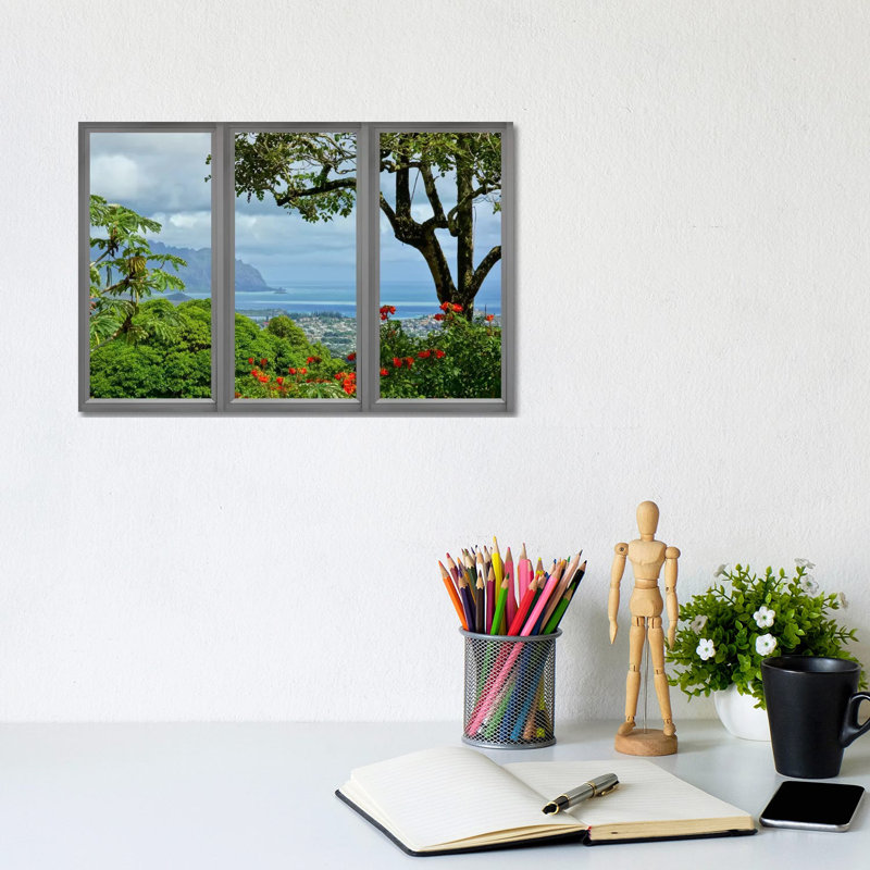 Hawaii Window View - Print on Canvas, 66.04 cm H x 45.72 cm W, Black Framed