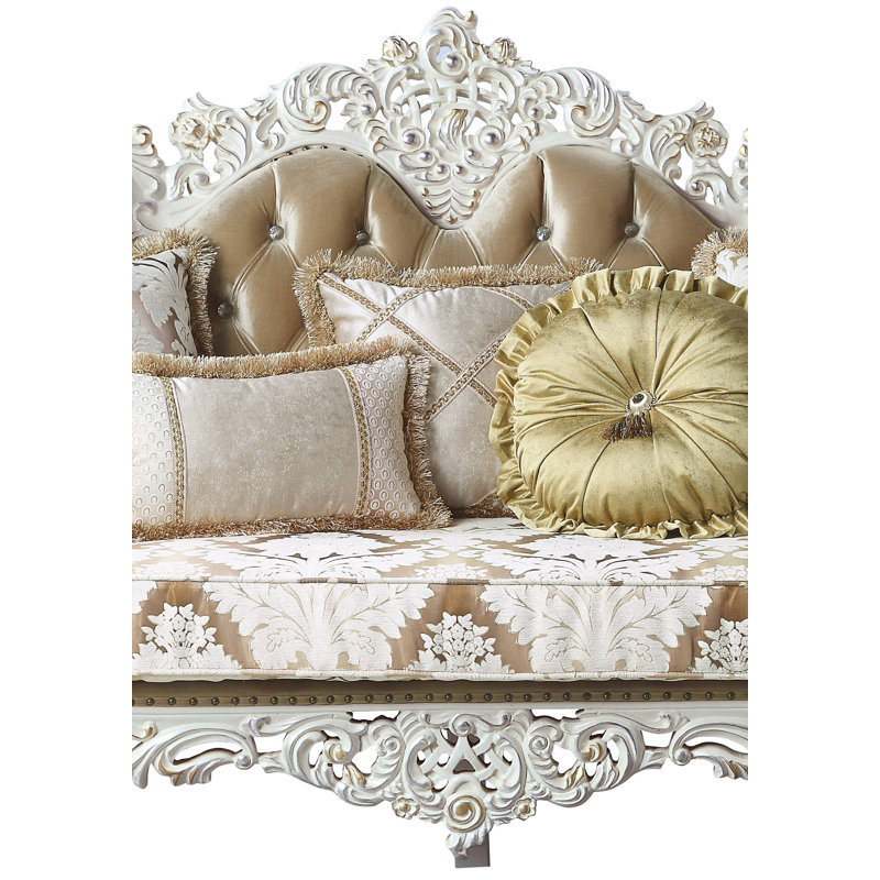 Antique White Tufted Fabric Loveseat with Nailhead Trim