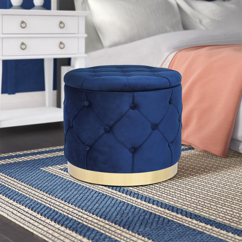 Repose-pieds rond et capitonné 18,9 po, Velours bleu marine