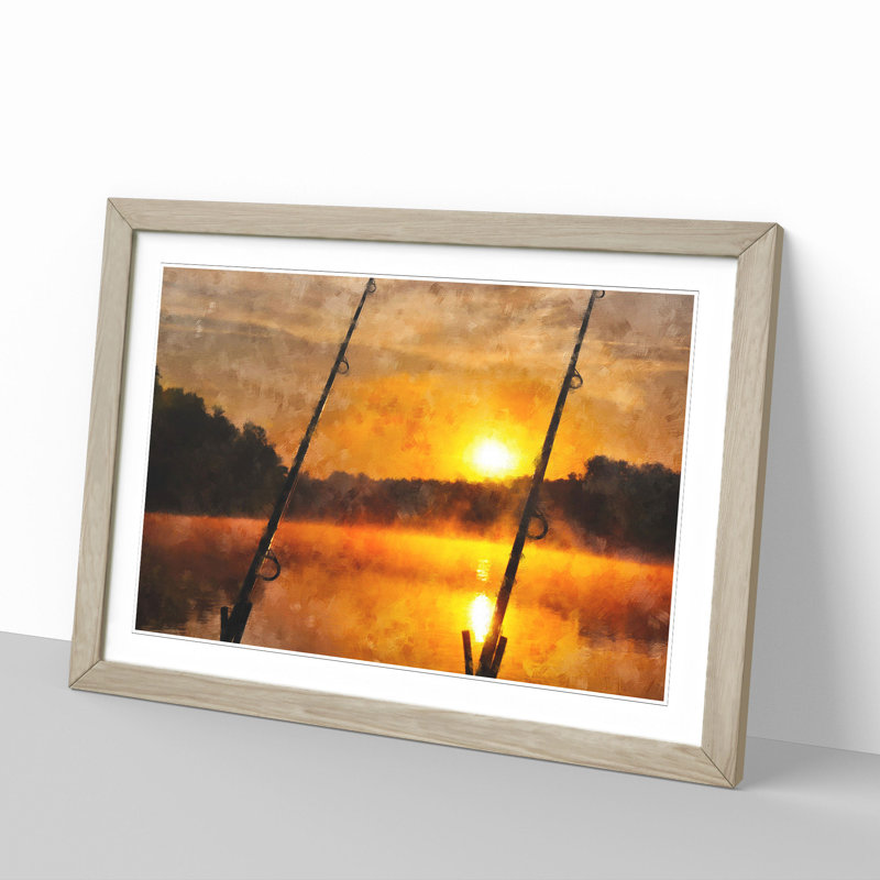 Fishing Rods and Lake - Framed Print, 36cm H x 48cm W x 2cm D, Oak Framed